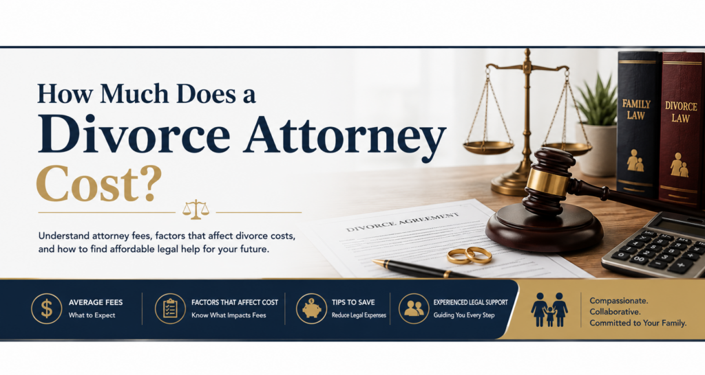 A Divorce Attorney Cost infographic displays a gavel, scales, books labeled Family Law, and icons for fees, tips, legal support, and compassion. Text explains divorce attorney cost factors and offers guidance on finding affordable legal help.